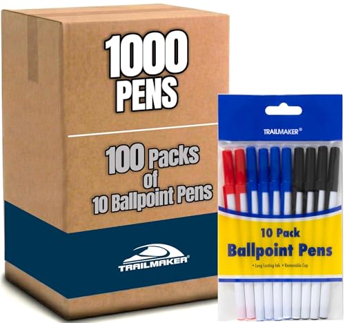 Trail maker Ballpoint Pens - 1000 Pens Bulk, Red Black Blue Ink, 0.3 mm, Wholesale School & Office Supplies 100 Packs of 10 Pens)
