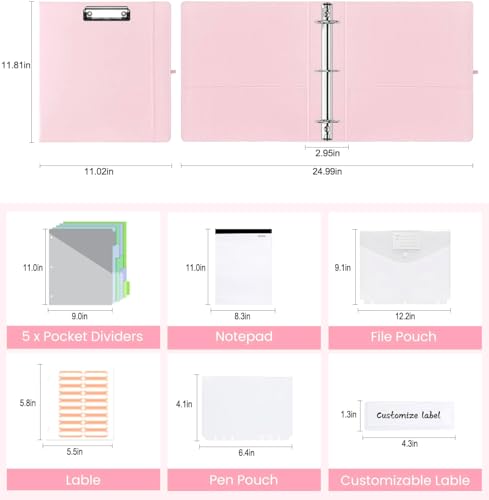 3 Ring Binder with Clipboard,2 Inch Binders with Notepad&5 Dividers with Pockets, Labels,PU Clipboards for School Office(Pink,Letter Size) - color: Pink, size: Letter Size -2 Inch