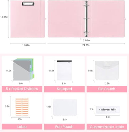 3 Ring Binder with Clipboard,2 Inch Binders with Notepad&5 Dividers with Pockets, Labels,PU Clipboards for School Office(Pink,Letter Size) - color: Pink, size: Letter Size -2 Inch