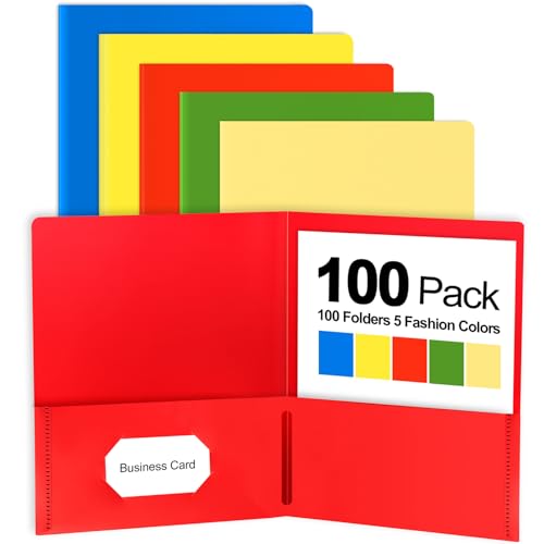 100 Pack Plastic Folders with Pockets, 5 Color Heavy Duty Two Pocket Folder | Business Card Holder for Office, High School, Business Resume
