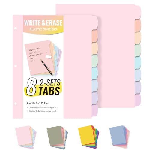 Sooez 8 Tabs Long-Lasting Plastic Write & Erase Large Tabs Dividers for 3 Ring Binder, Aesthetic Cute Pastels Binder Dividers for Student, Teacher, Office, Home Organizers, 2 Sets, Pastels Color - color: Pastels Color, size: 2 Sets
