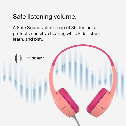 Belkin SoundForm Mini Kids Wired Headphones with Built-in Microphone & Fun Stickers, 85dB Safe Volume Limit – for Online Learning, Travel, Compatible w/iPhone 15, iPad, Galaxy S23, & More - Pink - color: Pink, style: Wired