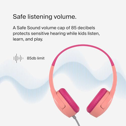 Belkin SoundForm Mini Kids Wired Headphones with Built-in Microphone & Fun Stickers, 85dB Safe Volume Limit – for Online Learning, Travel, Compatible w/iPhone 15, iPad, Galaxy S23, & More - Pink - color: Pink, style: Wired