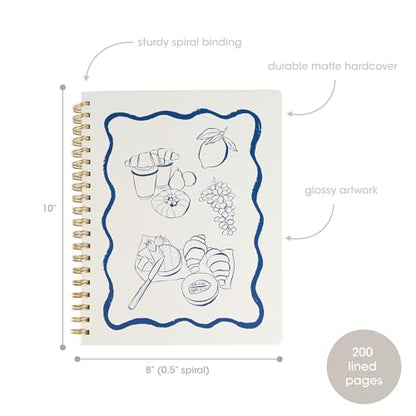 Pearhead Euro Breakfast Hardcover Spiral Notebook, 8x10.5 College-Ruled Lined Journal with Perforated Pages, 200 Pages for Planning, Work & School - color: Blue & White European Vacation Spiral Notebook