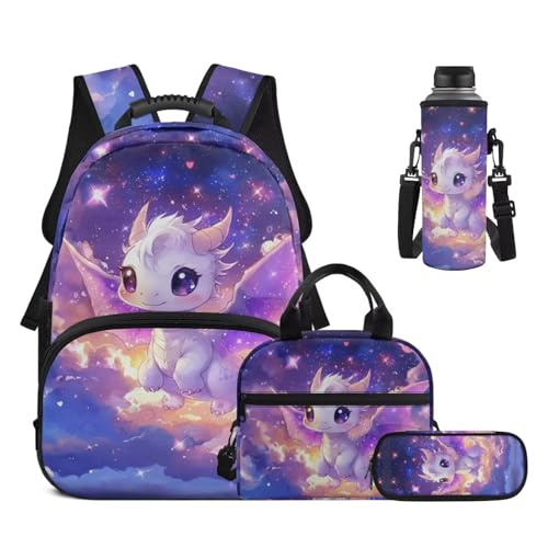 Cute Dragon Elementary School Backpack for Kids - 17 Inch 4PCS Set Backpack with Insulated Lunch Box, Pencil Case & Water Bottle Holder with Adjustable Strap for All Day School - color: Cute Dragon