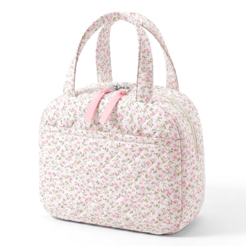 WOBAGMEN Quilted Lunch Box for Women,Coquette Aesthetic Lunch Box for Teen Girls,Cute Floral Lunch Bags for Work, School,Office,Picnic,Travel (pink floral) - color: Pink Floral