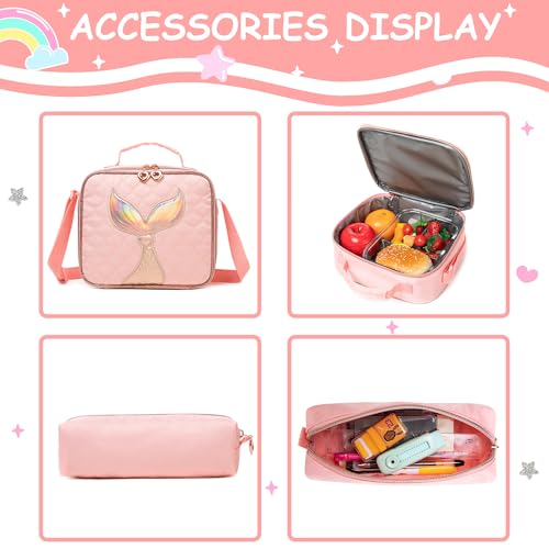 Rolling Backpack for Kids 8-12 Girls Rolling Backpack Kids Trolley School Bag with Wheels Travel Backpacks Carry on Luggage for Girls with Lunch Box Pencil Case - color: Mermaid Pink