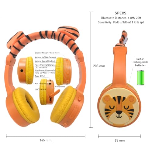 Kids Bluetooth Headphones, Wireless Headphone for Kids, 85dB Volume Limited, Built-in Mic, 3.5mm Aux Cord, Boys Girls Tiger Headset for School/Travel/Airplane - style: Tiger