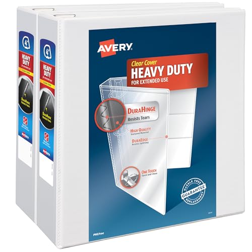 Avery Heavy Duty View 3 Ring Binder, 4" One Touch Slant Ring, Holds 8.5" x 11" Paper, 2 White Binders (79875) - size: 4"