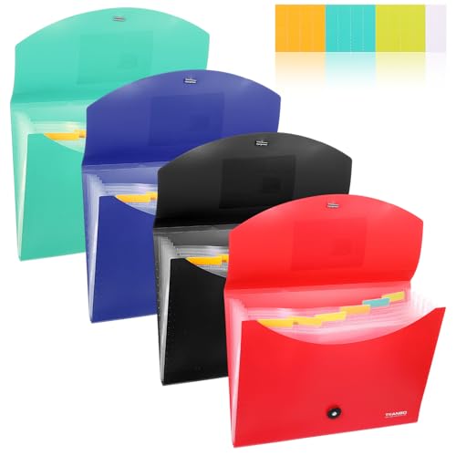 4 Pack 7-Pocket Plastic Accordion File Organizer, Expanding File Folder Expandable Document Holder with Index Tabs, A4|Letter Size for Office School Home Travel Supplies, 4 Colors