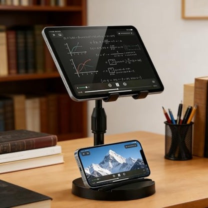 Adjustable Height Phone and Tablet Stand, Dual Device Holder with 360° Rotation, Sturdy Non-Sturdy Non-Slip Base with Card Slot for Livestream, Watching Videos, Work, Gaming