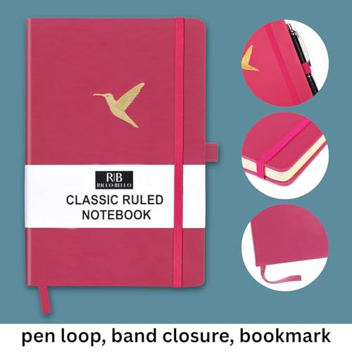 RICCO BELLO Lined Journal Notebook, Hummingbird | Faux Leather Hardcover, With Pen Holder, 96 Sheets / 192 Pages, College Ruled, 5.7 x 8.4 Inches - color: Hummingbird
