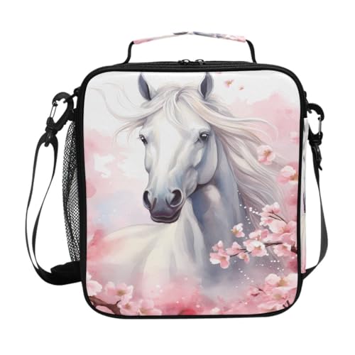 White Horse Lunch Box for Kids Boys Girls, Cherry Floral Cooler Insulated Lunch Tote Bag with Adjustable Strap for School Daycare - color: W004