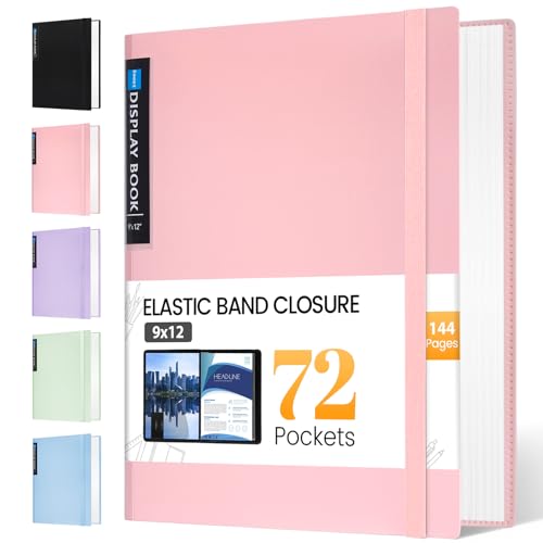 Sooez Art Portfolio 9"x12", 72 Pockets Large Portfolio Folder Display 144 Pages, Heavy Duty Binder with Plastic Sleeves&Elastic Band, Presentation Book with Clear Sheet Protector for Artwork Organizer - color: Pink