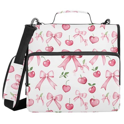 Pink Bow Cherry Leaf Pattern Zipper Binder 3 Ring with Handle and Shoulder Strap, 500 Sheet Binder Organizer Capacity & Multi-Pockets for School Office - color: Aa01