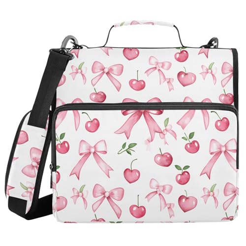 Pink Bow Cherry Leaf Pattern Zipper Binder 3 Ring with Handle and Shoulder Strap, 500 Sheet Binder Organizer Capacity & Multi-Pockets for School Office - color: Aa01