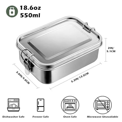 Leonyo Small Lunch Box 18.6oz Stainless Steel Lunch Bento Container | 550ml Mini Metal Tiffin Lunch Box, Leak-Proof Food Containers Snack Tin, Dishwasher Safe, Oven Safe Except for Lid - size: 550ML