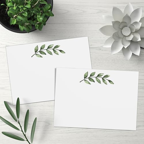 321Done Blank Greenery Note Cards, 5x7 White - Made in USA, Thick, Heavy Cardstock, Pretty, Cute Simple Green Leaves Design, No Envelopes - Pack of 50 - color: Greenery, White, size: 5x7, Horizontal