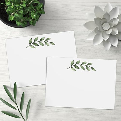 321Done Blank Greenery Note Cards, 5x7 White - Made in USA, Thick, Heavy Cardstock, Pretty, Cute Simple Green Leaves Design, No Envelopes - Pack of 50 - color: Greenery, White, size: 5x7, Horizontal