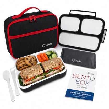 kinsho Lunch Boxes for Kids Boys Teens - Bento Box Set with Insulated Bag and Ice Pack, 3 Compartment Leak Proof Food Container, BPA-Free, Microwave Safe, Ideal for School & Work, Black & Red - color: Black with Red Trim