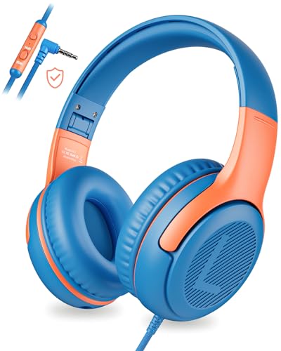 awatrue Kids Headphones Wired - Toddler Headphones with Microphone, Over-Ear Headphones, 85/94dB Volume-Limiting, 3.5mm Jack, Foldable On-Ear Design - Safe & Comfortable for Learning & Entertainment - color: BlueOrange