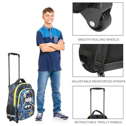 Bioworld Batman Hero Surrounded By Bats 16" Rolling Travel Backpack - color: Blue, Black & Yellow