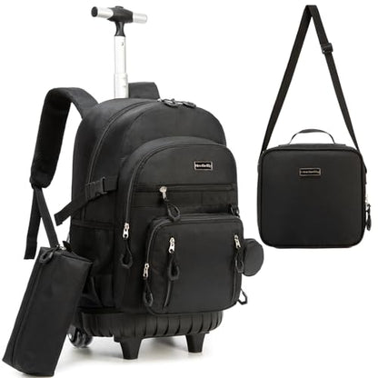 Kids Rolling Backpack for School Rolling Backpack for Girls 8-12 Roller Backpacks for Girls 10-12 with Lunch Box Pencil Case Back to School - color: Solid New Black