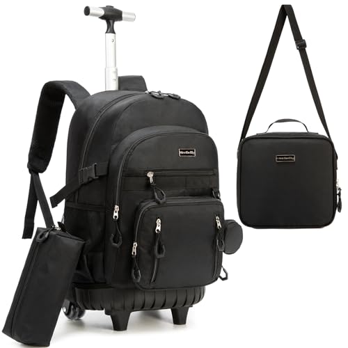 Kids Rolling Backpack for School Rolling Backpack for Girls 8-12 Roller Backpacks for Girls 10-12 with Lunch Box Pencil Case Back to School - color: Solid New Black