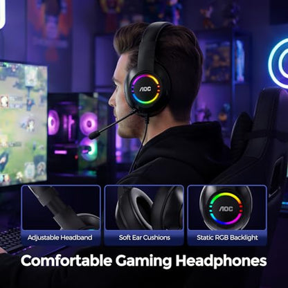 AOC Gaming Headset, Black Wired Gaming Headphones with 50mm Drivers, RGB USB Corded Headphone for PC/Laptops, Over Ear Headset with Mic for PS4/PS5/NS Switch(Docked Mode), ACG2510