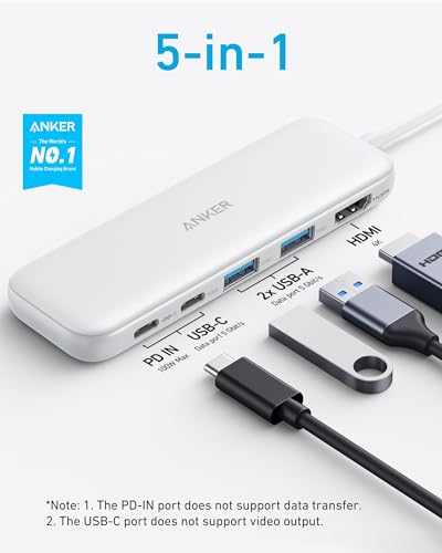 Anker USB C Hub, 5-in-1 USBC to HDMI Splitter with 4K Display, 1 x Powered USB-C 5Gbps & 2×Powered USB-A 3.0 5Gbps Data Ports for MacBook Pro, MacBook Air, Dell and More (White) - color: White
