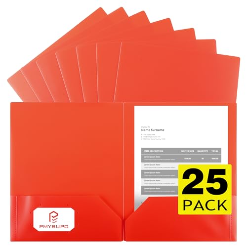 pmybupo 25 Pack Red 2 Pocket Folders Heavy-Duty Plastic Folders with Pockets,8.5x11 Document Folders for School and Office - color: Red