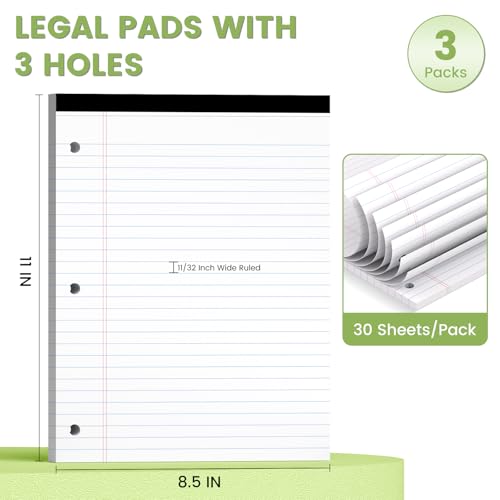 3pcs Legal Pads with Holes, loose Notepads 8.5x11 Wide Ruled Perforated | White Loose Leaf Paper, 30 Sheets/Pad, Notepad 8.5x11, Thick Lined Paper,3 Hole Punch, Notebook 3 Ring Binders, Sturdy Back