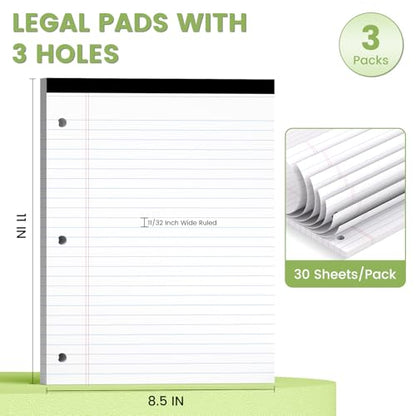 3pcs Legal Pads with Holes, loose Notepads 8.5x11 Wide Ruled Perforated | White Loose Leaf Paper, 30 Sheets/Pad, Notepad 8.5x11, Thick Lined Paper,3 Hole Punch, Notebook 3 Ring Binders, Sturdy Back