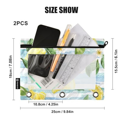 Fustylead Blue White Striped Lemon Floral Binder Pencil Pouch for 3 Ring, Pencil Pouches Bags with Zipper Clear Window for School Office Cosmetic Supplies, 2 Pack - color: Lemon