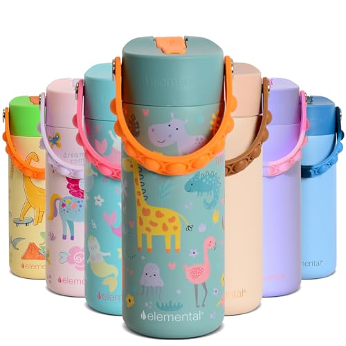 Elemental Insulated Kids Water Bottle, Stainless Steel Water Bottle with Straw Lid & Pop-It Handle, Leak-Proof Water Bottles for School, Boys or Girls, Travelling and Sports, 18oz - Safari - color: Safari