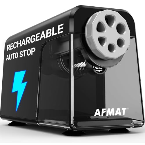 AFMAT 6-Hole Electric Pencil Sharpener for Classroom, Cordless & Rechargeable, Heavy Duty Pencil Sharpeners for 6-11mm Colored Pencils, Auto Stop, Super Fast, 10,000+ Sharpenings, Battery Powered PSD1 - color: Black