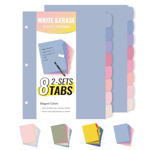 Sooez 8 Tabs Long-Lasting Plastic Write & Erase Large Tabs Dividers for 3 Ring Binder, Aesthetic Cute Pastels Binder Dividers for Student, Teacher, Office, Home Organizers, 2 Sets, Muted - color: Muted, size: 2 Sets