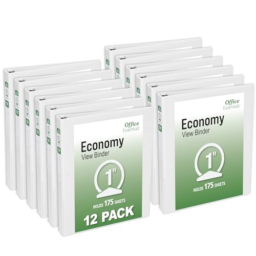 Office Essentials Economy View 3 Ring Binders, 1" Round Rings, 1.4" Spine, 175-Sheet Capacity, White Binders (12-Pack of 03424) - size: 1"