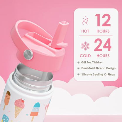 SANDJEST Ice Cream Kids Water Bottle With Straw Lid 12oz Insulated Stainless Steel, Travel Tumbler, Gifts For Girls, Birthday, Christmas, Back To School - color: Ice Cream 1