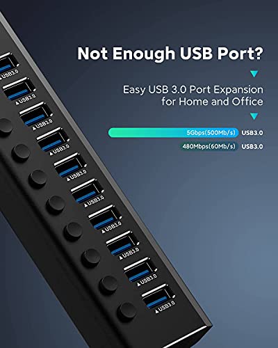 Powered USB Hub, Rosonway Aluminum 10 Port USB 3.0 Data Hub with 36W (12V/3A) Power Adapter and Individual On/Off Switches USB Splitter(RSH-A10) - size: 10-Port Powered USB Hub