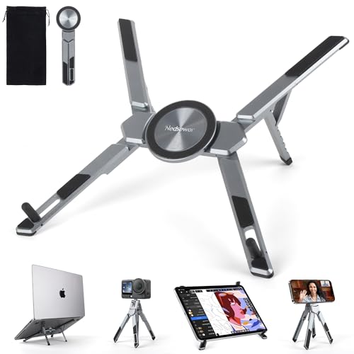 4-in-1 Adjustable Laptop Stand for desk with Magnetic Phone Holder & Camera Tripod, Foldable Aluminum Stand for Laptop, Tablet, Camera, Portable Ergonomic Desk Setup for Travel & Remote Work(Gun Gray) - color: Gun Gray