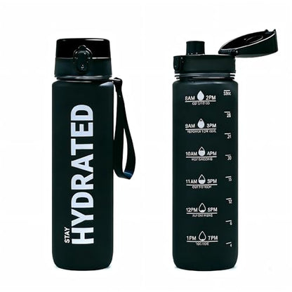 32oz Water Bottle with Time Marker, Leakproof & Durable BPA Free Wide Mouth Bottle for Gym, Travel, Home, School, Office (1 Bottle) (Black) - color: Black