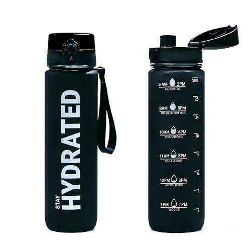 32oz Water Bottle with Time Marker, Leakproof & Durable BPA Free Wide Mouth Bottle for Gym, Travel, Home, School, Office (1 Bottle) (Black) - color: Black