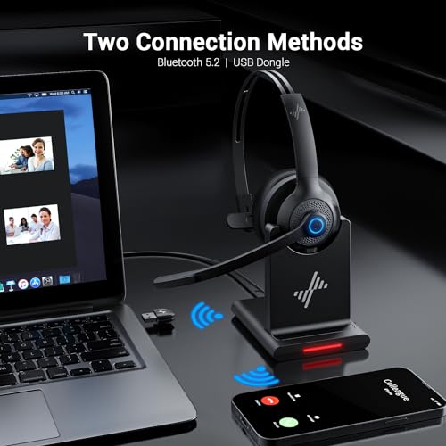 JIAMQISHI Bluetooth Headset - Wireless Headset with Noise Cancelling Microphone, V5.2 Computer Headphones with USB Dongle, Charging Base & Mic Mute for Work/Call Center/PC/Laptop/Online Class/Zoom - color: Black