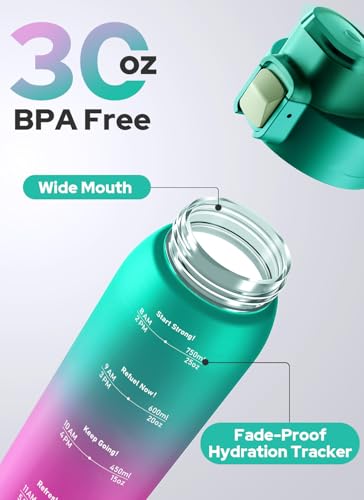 Opard Zip 30oz Plastic Water Bottle Dishwasher Safe, Leakproof Flip-Top Lid, BPA Free Tritan, Wide Mouth Reusable Sports Water Bottle for Gym Hiking Commuting Outdoor Travel and School - color: Teal Pink, style: 30 Ounces