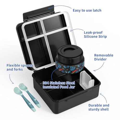Bento Box for Kids with Thermo Food Container (9oz), 4-Compartment Lunch Box, Adjustable Divider, Leakproof Bento Lunch Box, Includes Utensils & Carry Bag for School, Office(Black-Game) - color: Black-Game