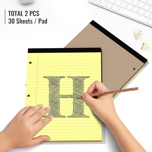 HAUTOCO 8.5 x 11 Legal Pads 2 Pack Yellow Wide Ruled Lined Writing Note Pads Perforated Notepad, 30 Sheets Per Notepad, 3-Hole Punched Paper for School, Office - color: Yellow