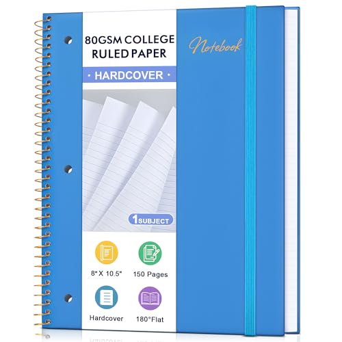 Spiral Notebook College Ruled Paper 8" x 10-1/2", 1 Subject Spiral Notebook 80GSM Paper, 3-Hole Punched Perforated Pages Ideal for School, Office, Writing, 75 Sheets Lined Journaling Notebook, Blue - color: Blue