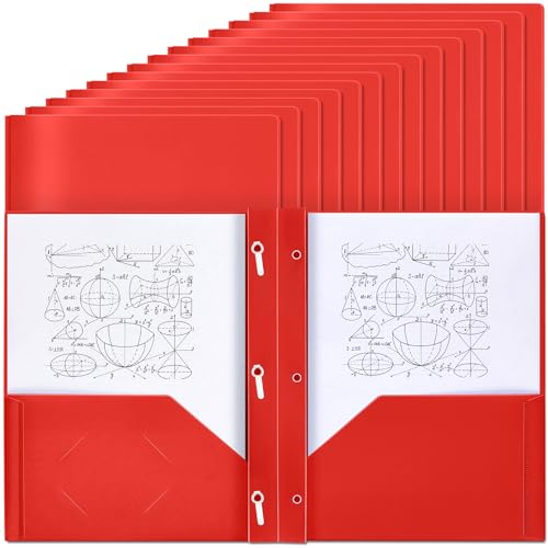 Yeaqee 30 Pcs Plastic Folders with Pockets and Prongs Plastic Folder 2 Pockets 3 Prongs with Card Slot for Office, School for Students, Teachers, Office Workers (Red) - color: Red