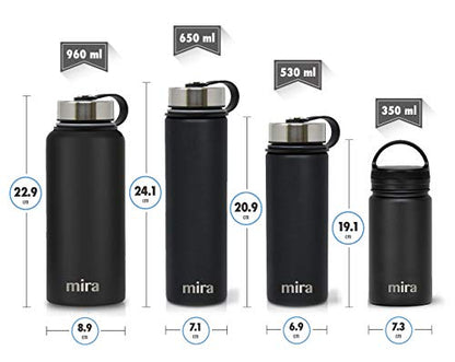 MIRA 32 oz Insulated Water Bottle - Stainless Steel Sports Flask with 2 Lids (Straw & Handle) - Cold Drink Thermo - Black - color: Solid - Black